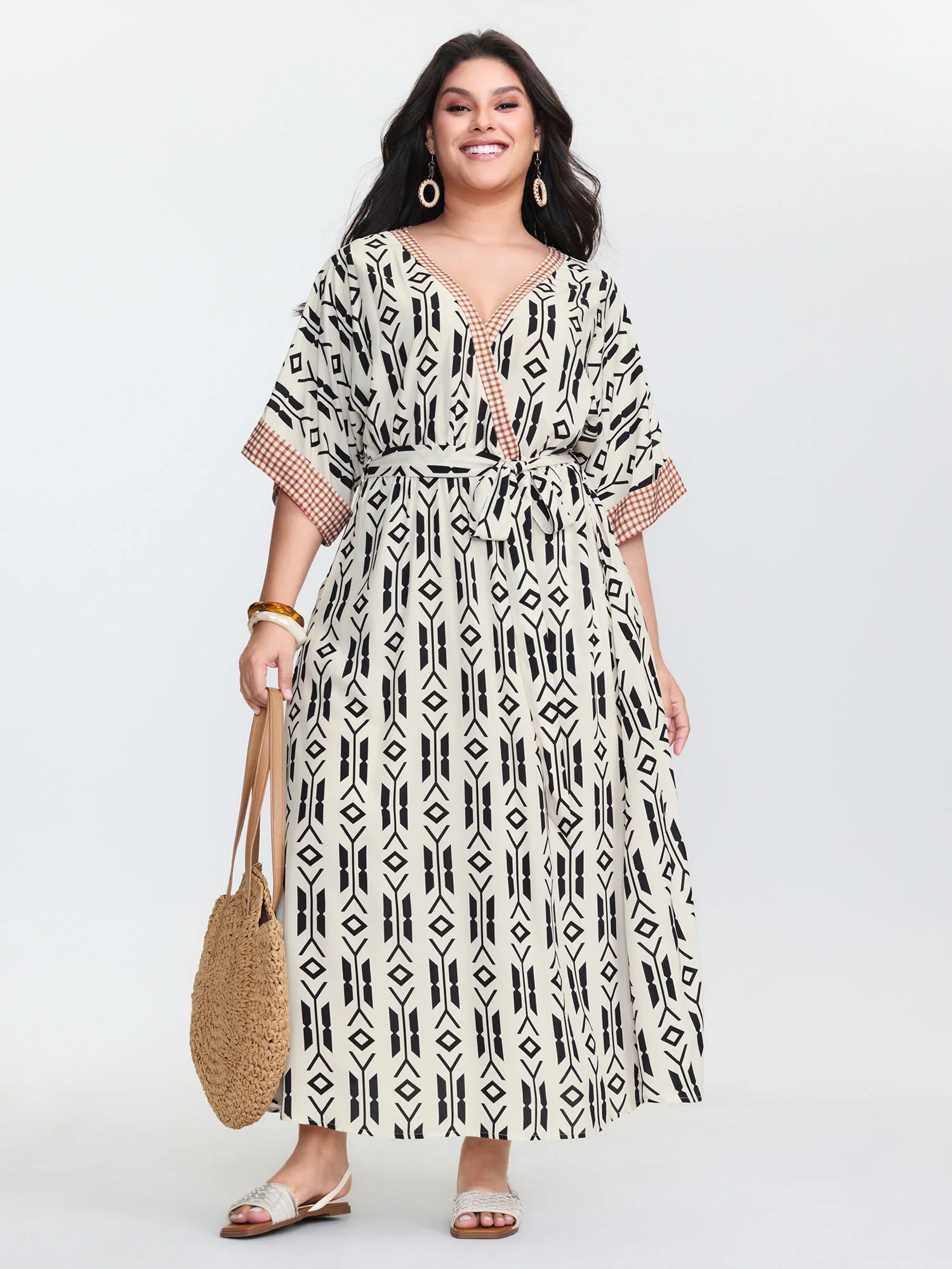 Geometric Print Pockets Surplice Maxi Dress - Image 2