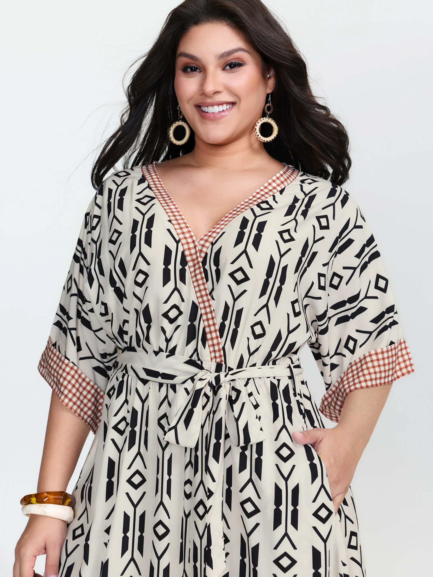 Geometric Print Pockets Surplice Maxi Dress - Image 3