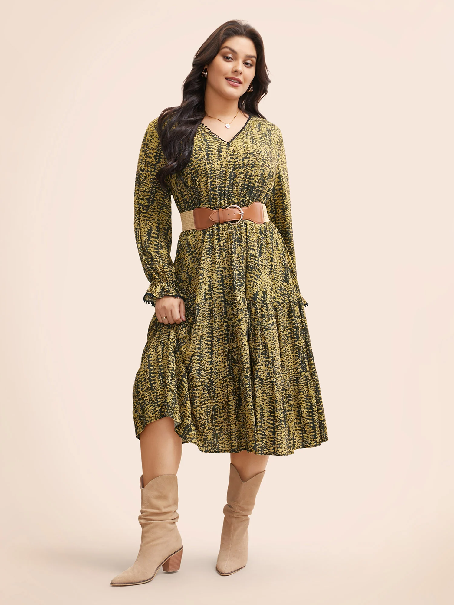 Geometric Print Pompom Trim Ruffles Dress - Image 3