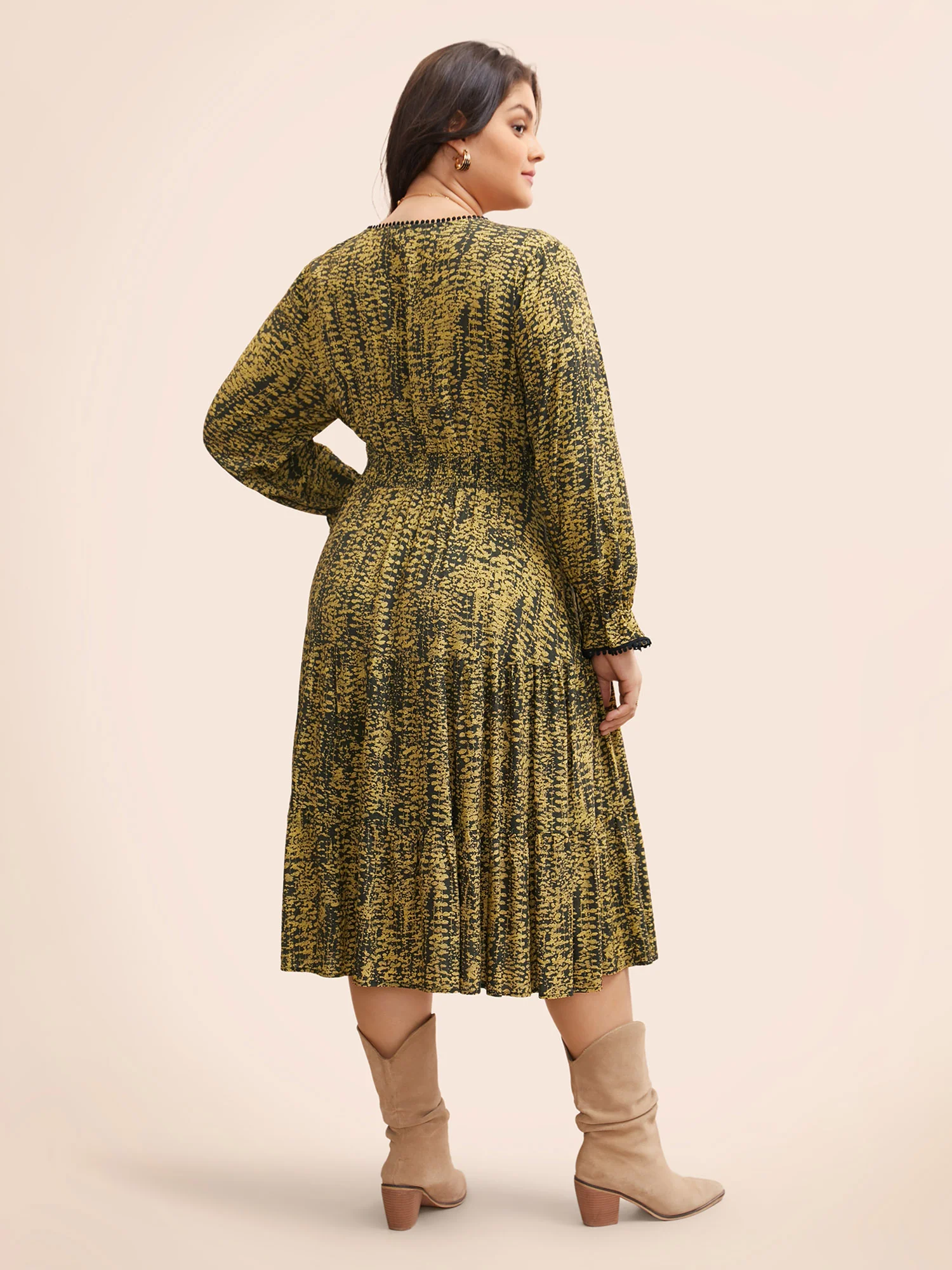 Geometric Print Pompom Trim Ruffles Dress - Image 4