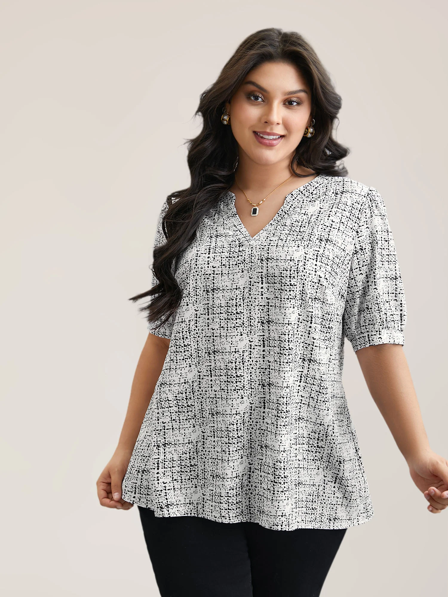 Geometric Print Puff Sleeve Blouse - Image 2
