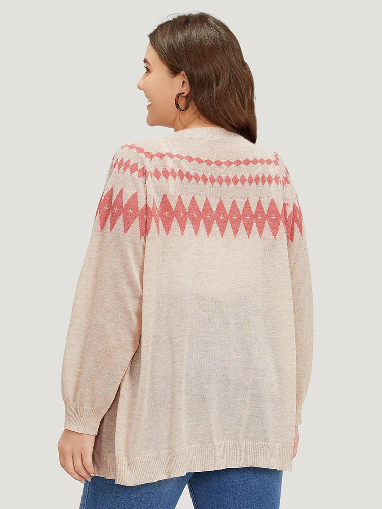 Geometric Print Raglan Sleeve Open Front Cardigan - Image 2