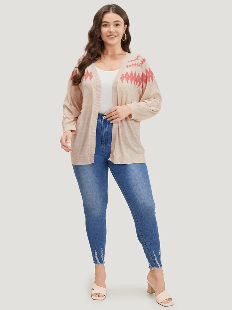 Geometric Print Raglan Sleeve Open Front Cardigan - Image 3