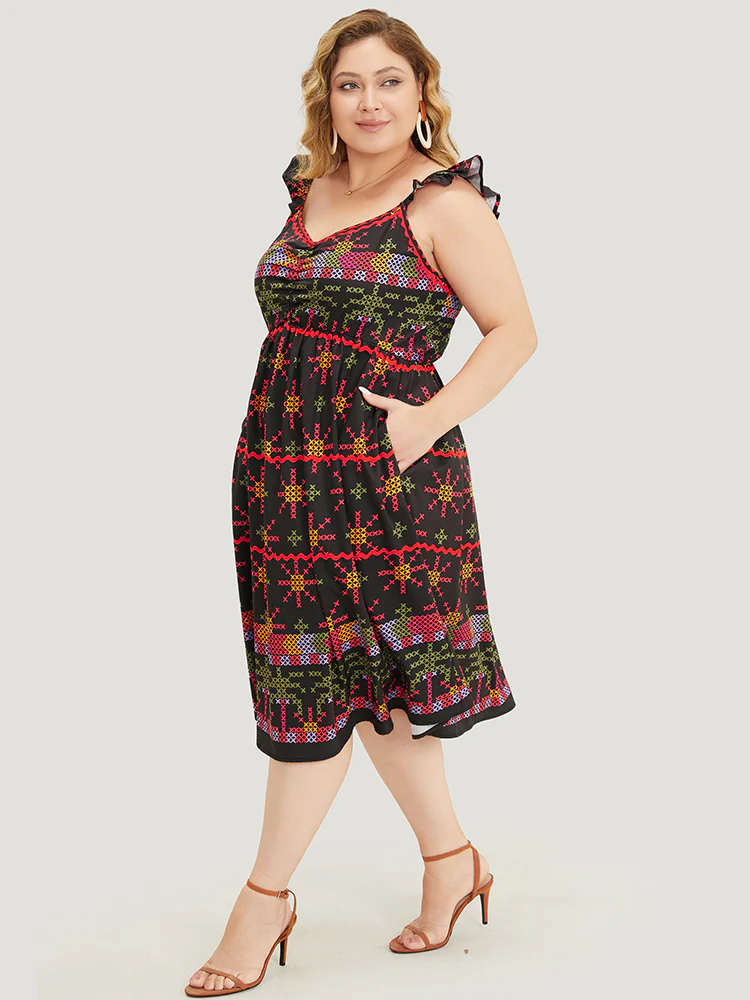 Geometric Print Ruffle Trim Pocket Ruched Detail Cami Dress - Image 2