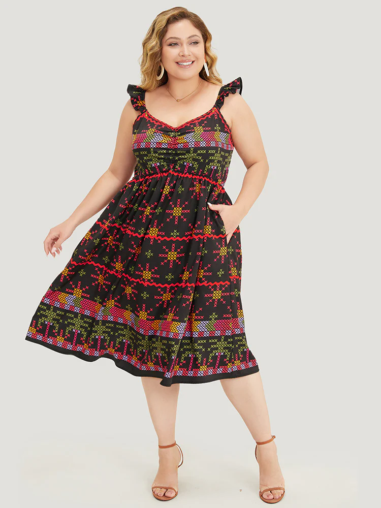 Geometric Print Ruffle Trim Pocket Ruched Detail Cami Dress - Image 3