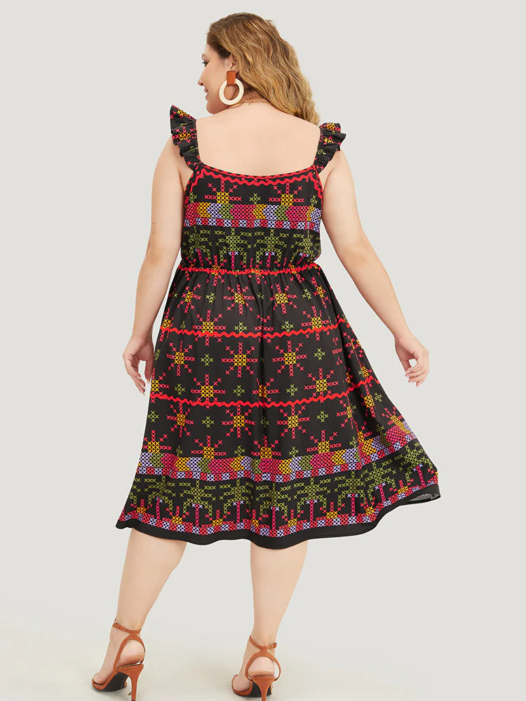 Geometric Print Ruffle Trim Pocket Ruched Detail Cami Dress - Image 4