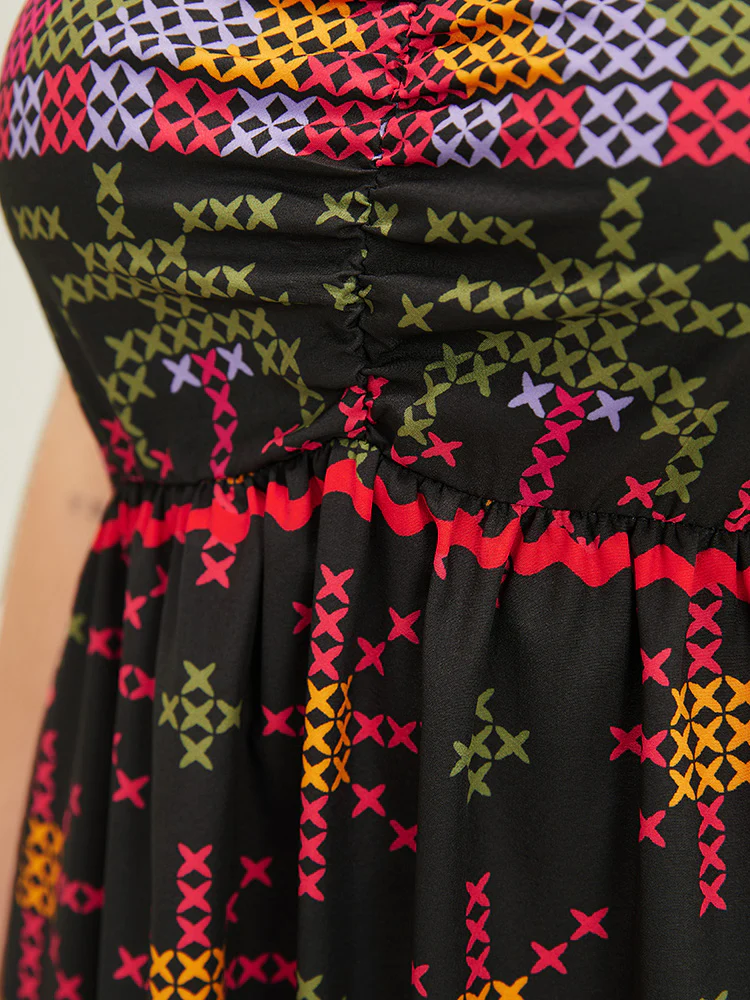 Geometric Print Ruffle Trim Pocket Ruched Detail Cami Dress - Image 6