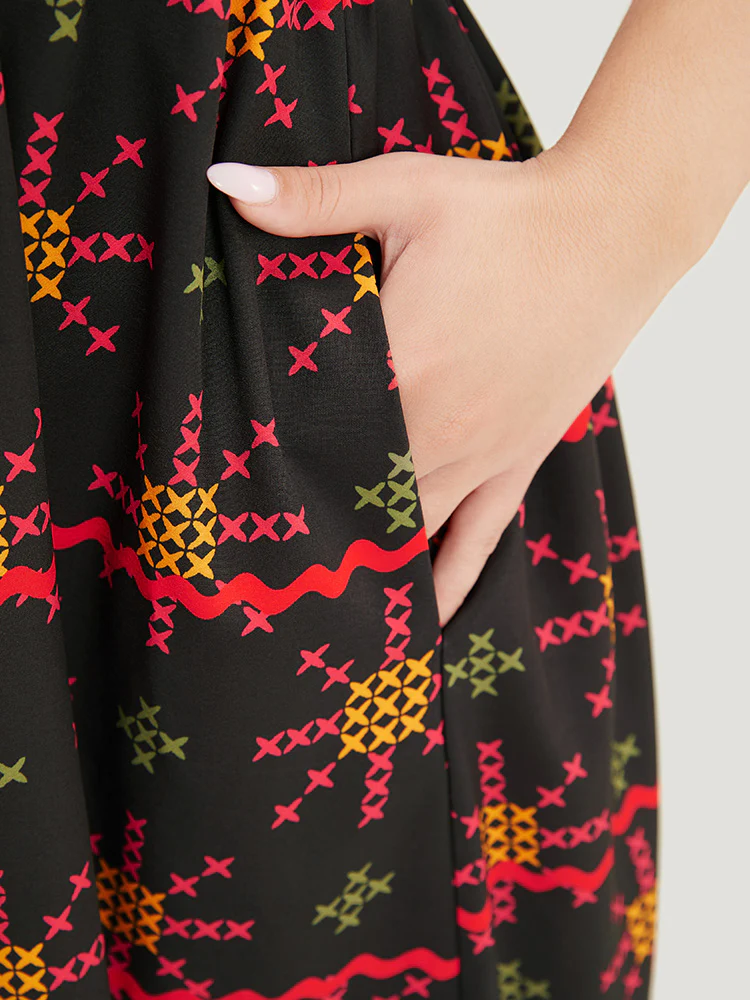 Geometric Print Ruffle Trim Pocket Ruched Detail Cami Dress - Image 8