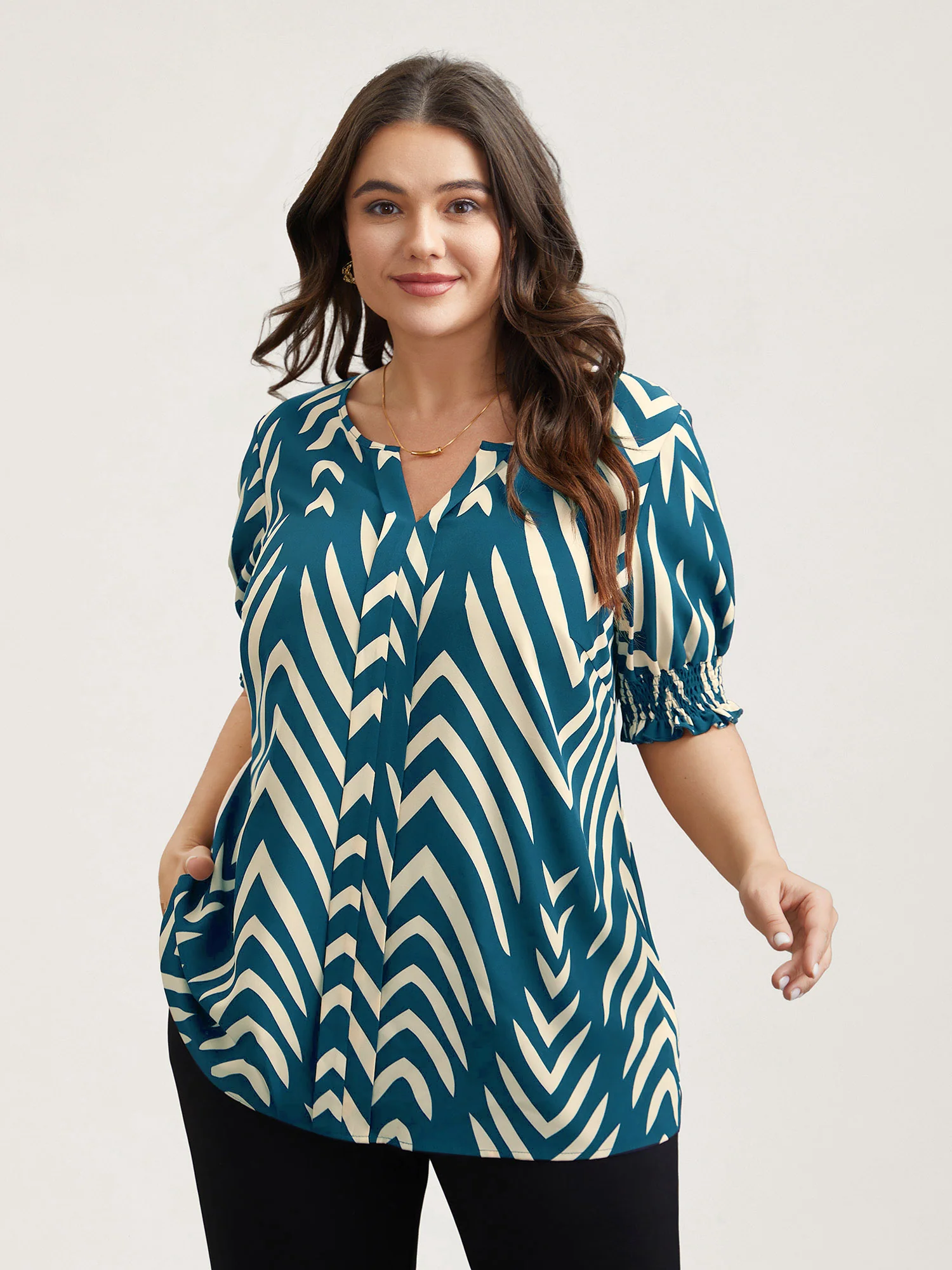 Geometric Print Ruffled Shirred Blouse