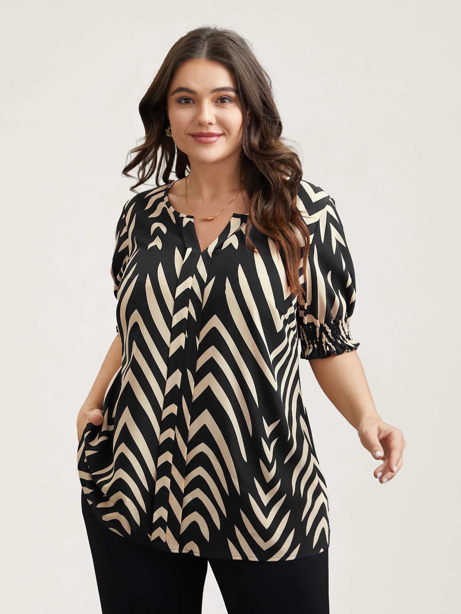 Geometric Print Ruffled Shirred Blouse - Image 14