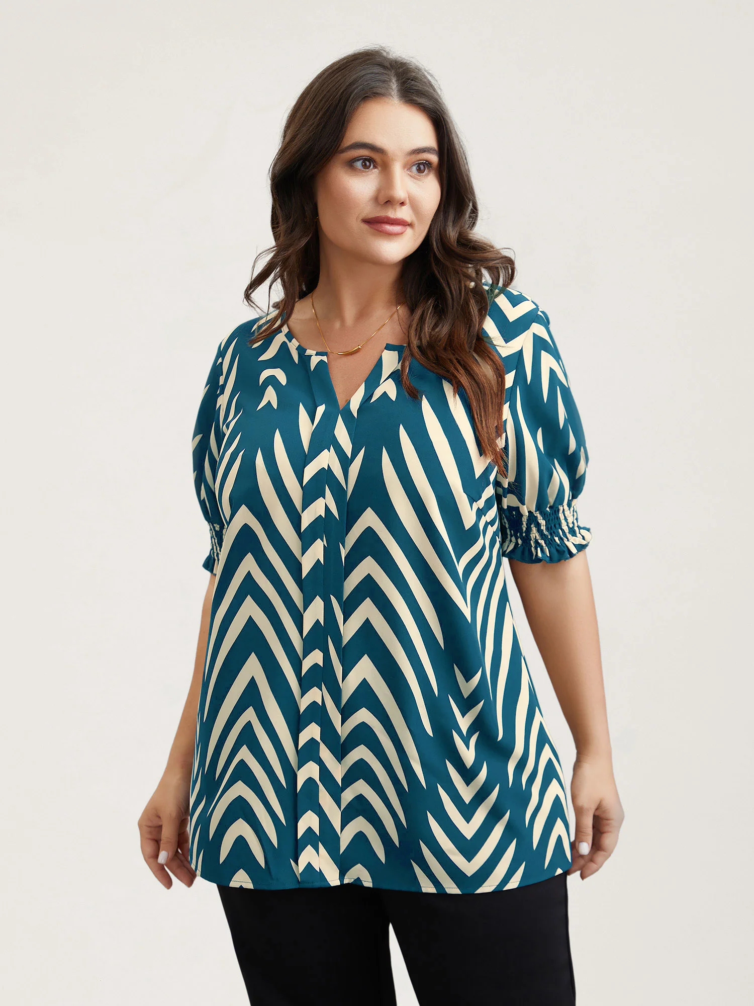 Geometric Print Ruffled Shirred Blouse - Image 3