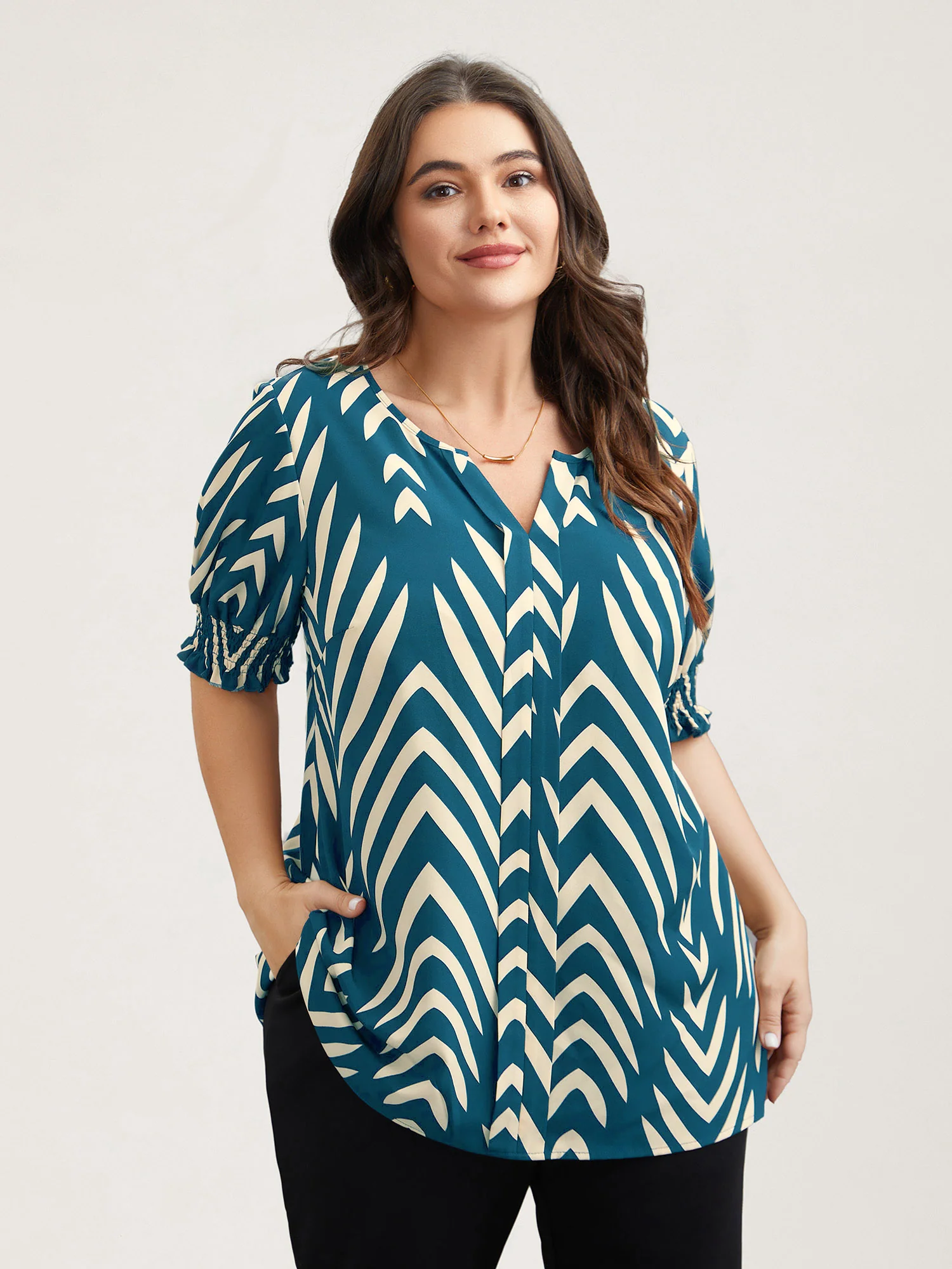 Geometric Print Ruffled Shirred Blouse - Image 4