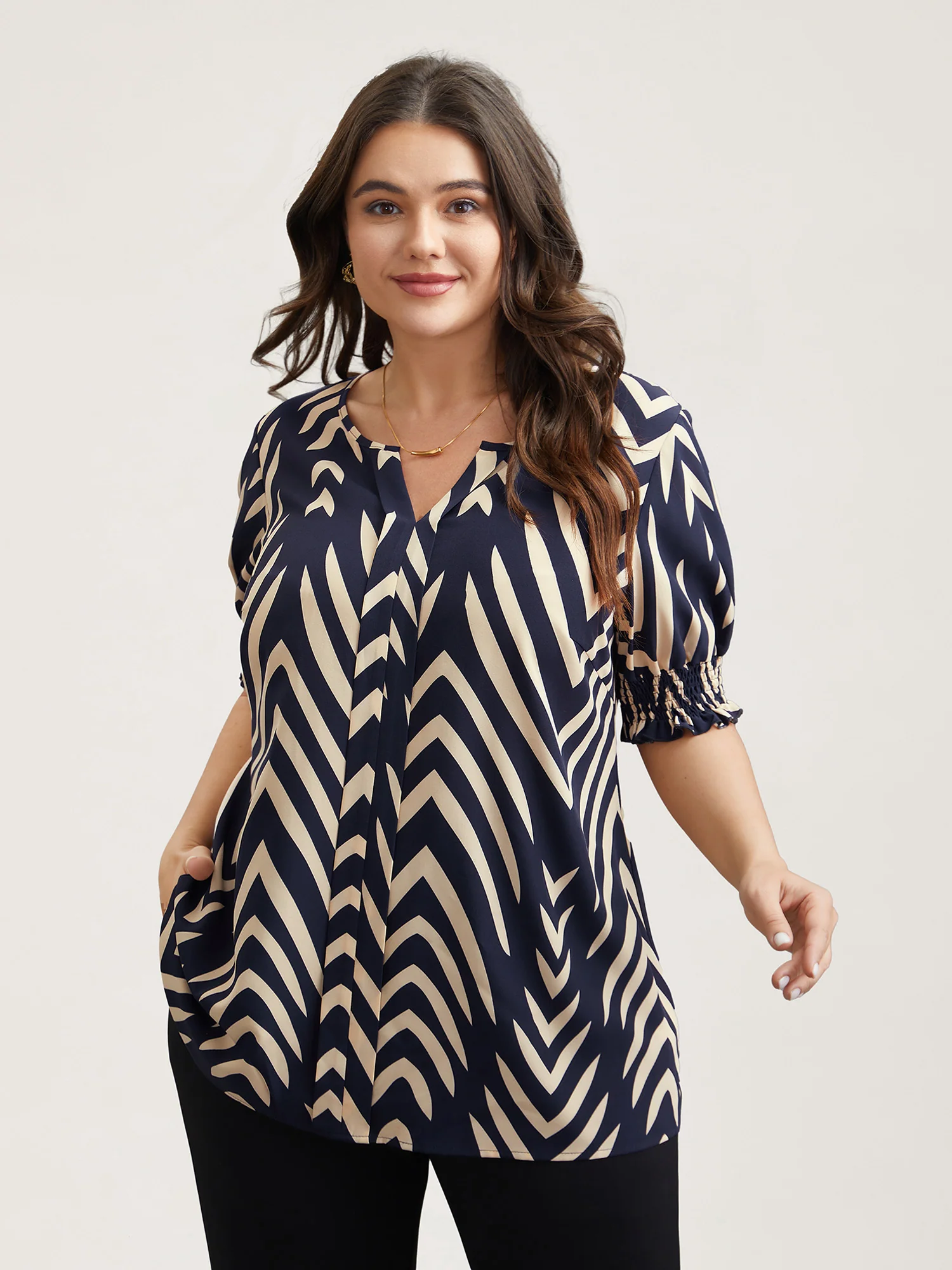 Geometric Print Ruffled Shirred Blouse - Image 6