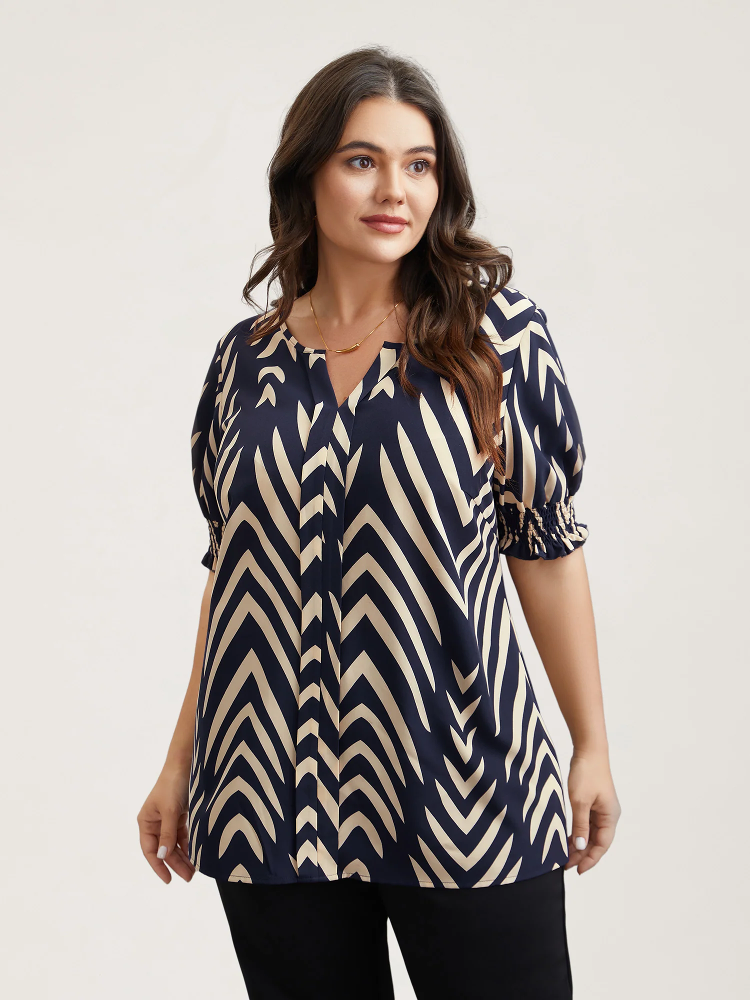 Geometric Print Ruffled Shirred Blouse - Image 8