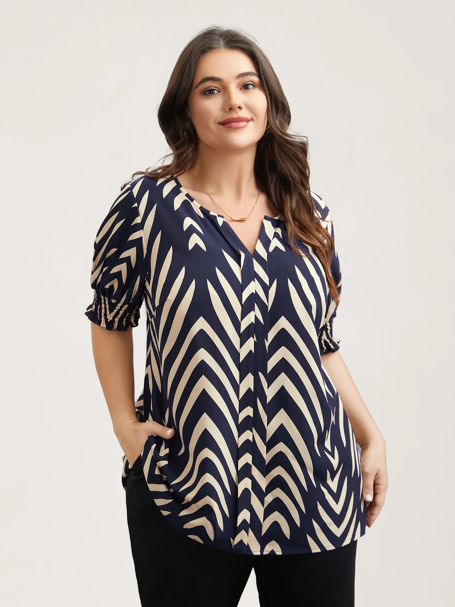 Geometric Print Ruffled Shirred Blouse - Image 9