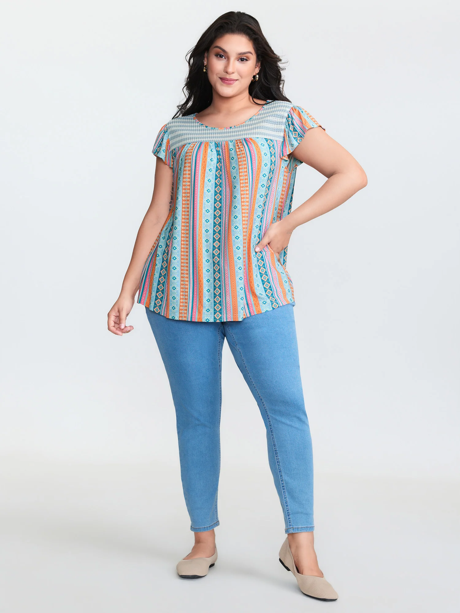 Geometric Print Ruffled Sleeve Knit Top - Image 3