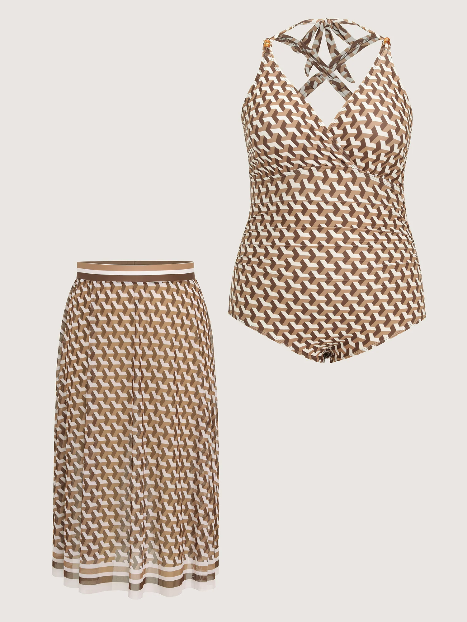 Geometric Print Sheer Split Hem One-Piece Swimsuit - Image 9