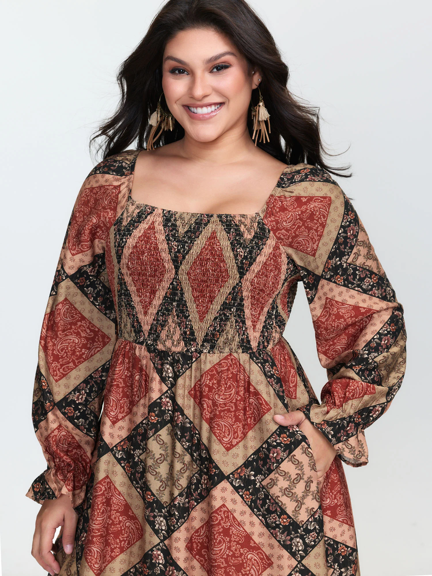 Geometric Print Shirred Bodice Midi Dress - Image 2