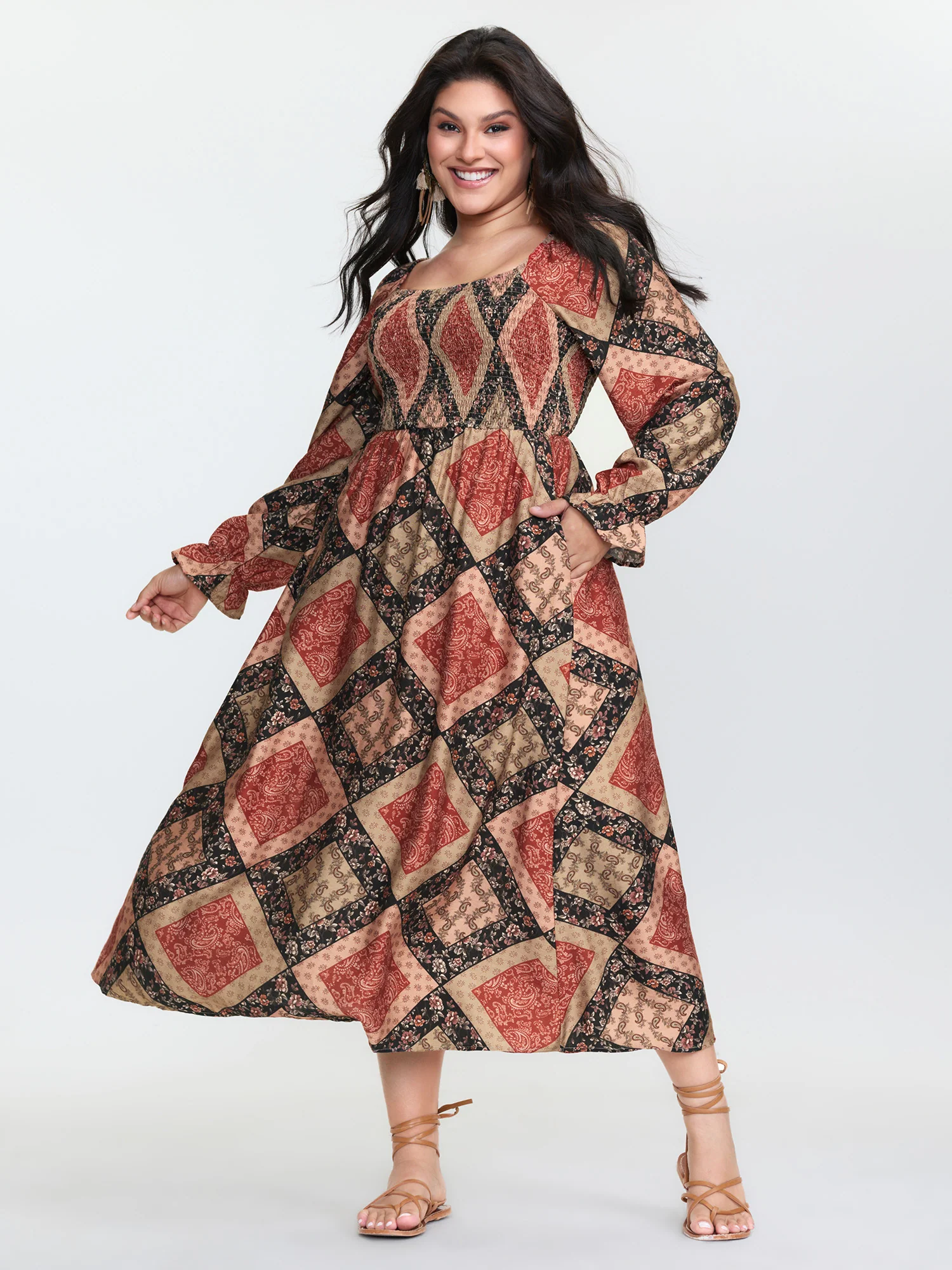 Geometric Print Shirred Bodice Midi Dress - Image 3
