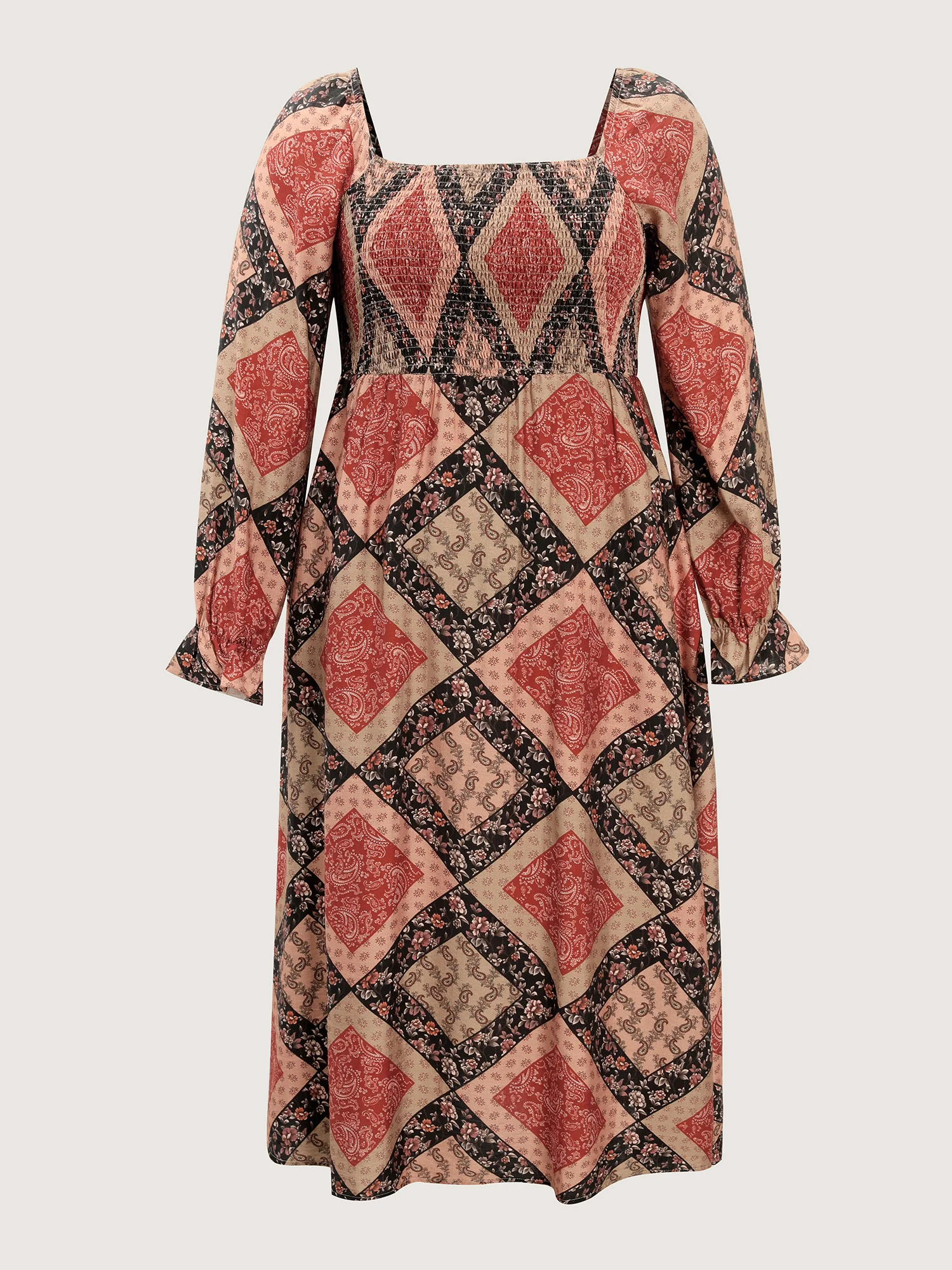 Geometric Print Shirred Bodice Midi Dress - Image 7