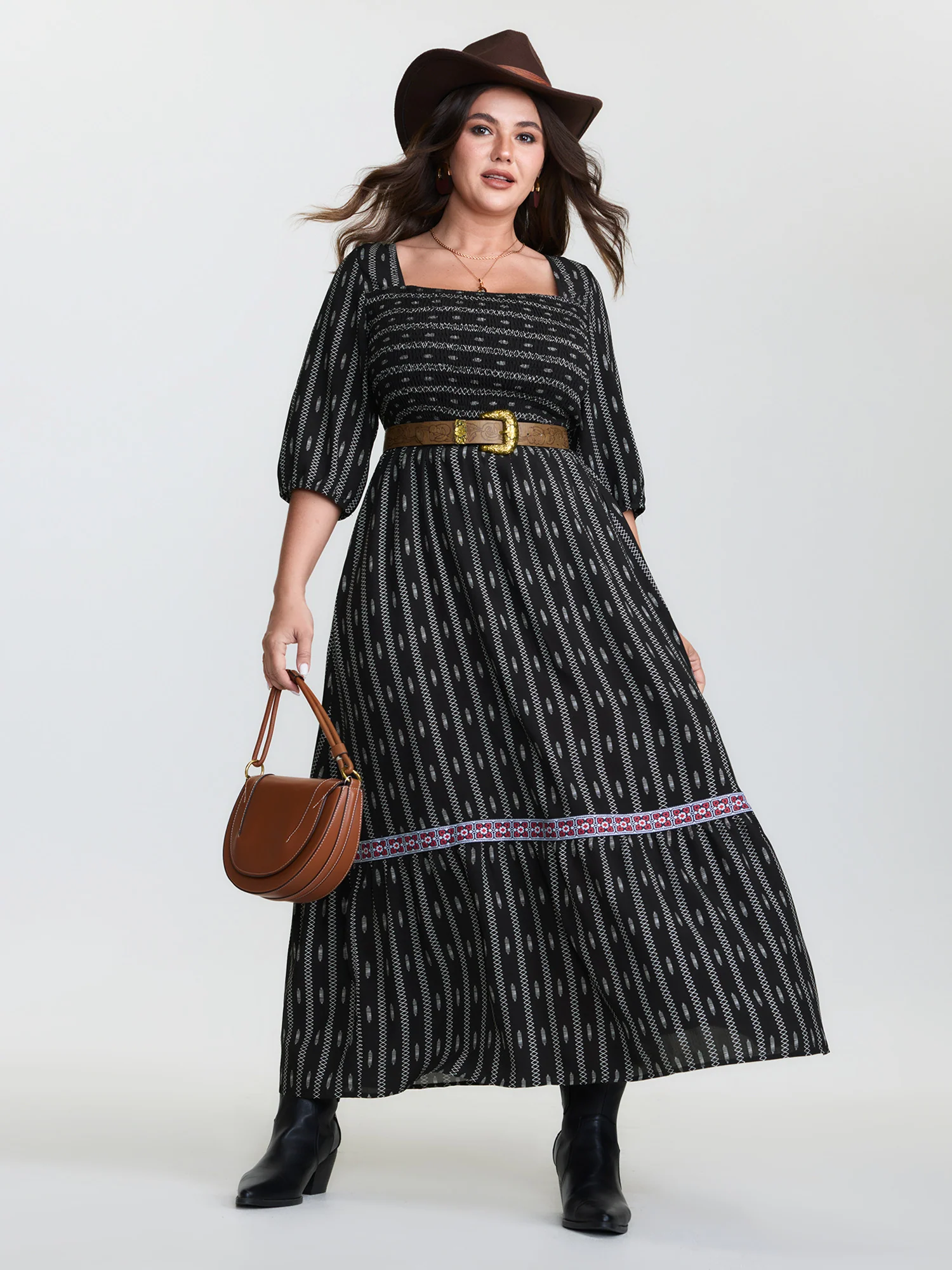 Geometric Print Shirred Square Neck Maxi Dress - Image 3