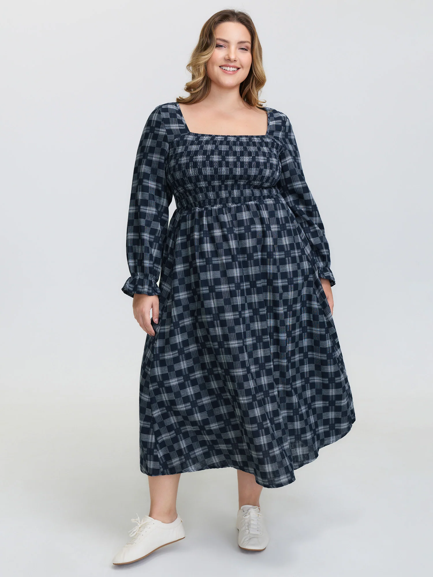 Geometric Print Shirred Square Neck Midi Dress - Image 3