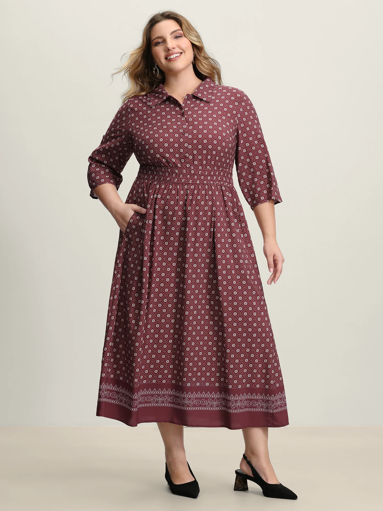 Geometric Print Shirred Waist Maxi Dress - Image 3