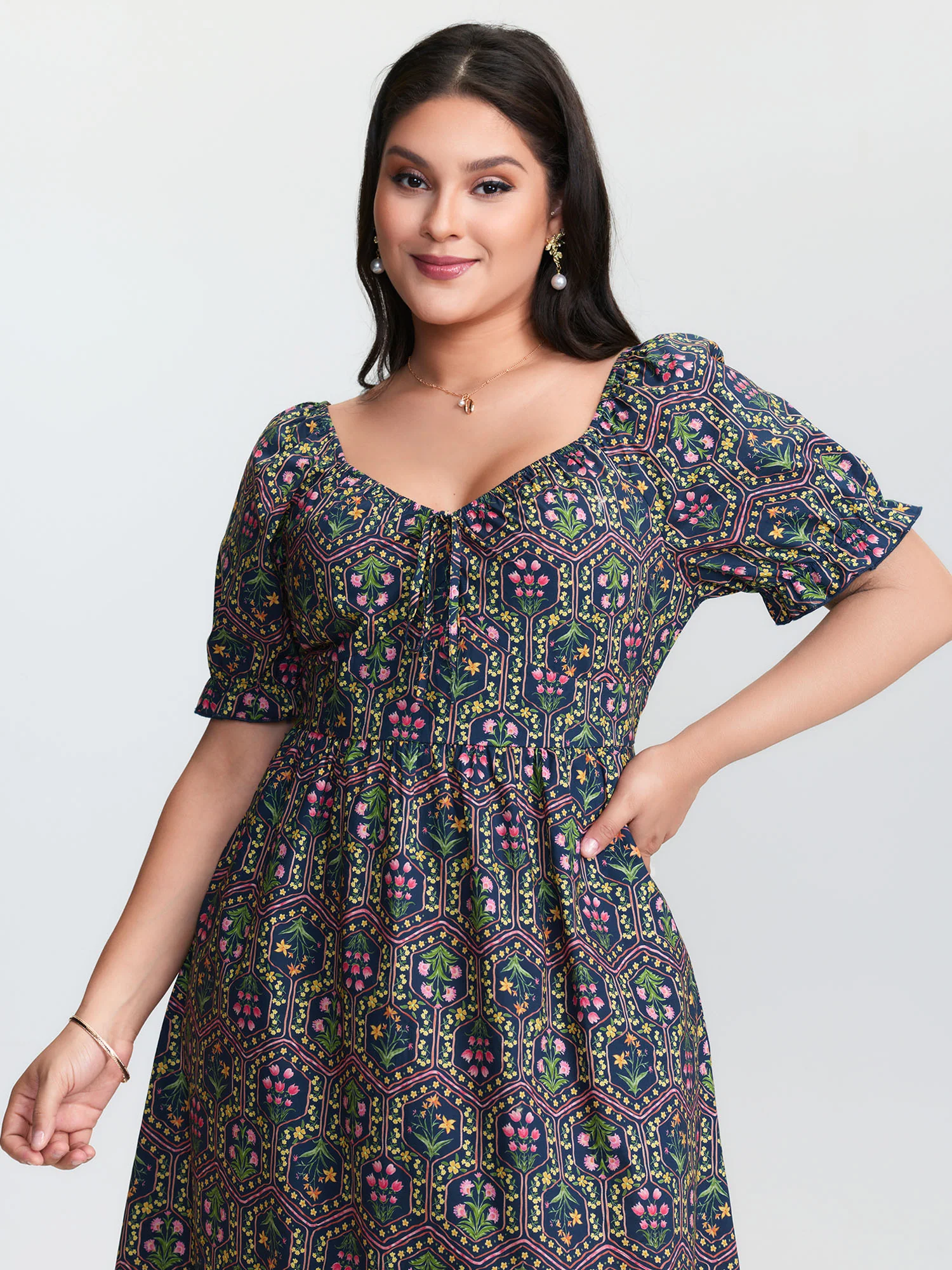 Cotton Geometric Print Shirred Waist Midi Dress - Image 2
