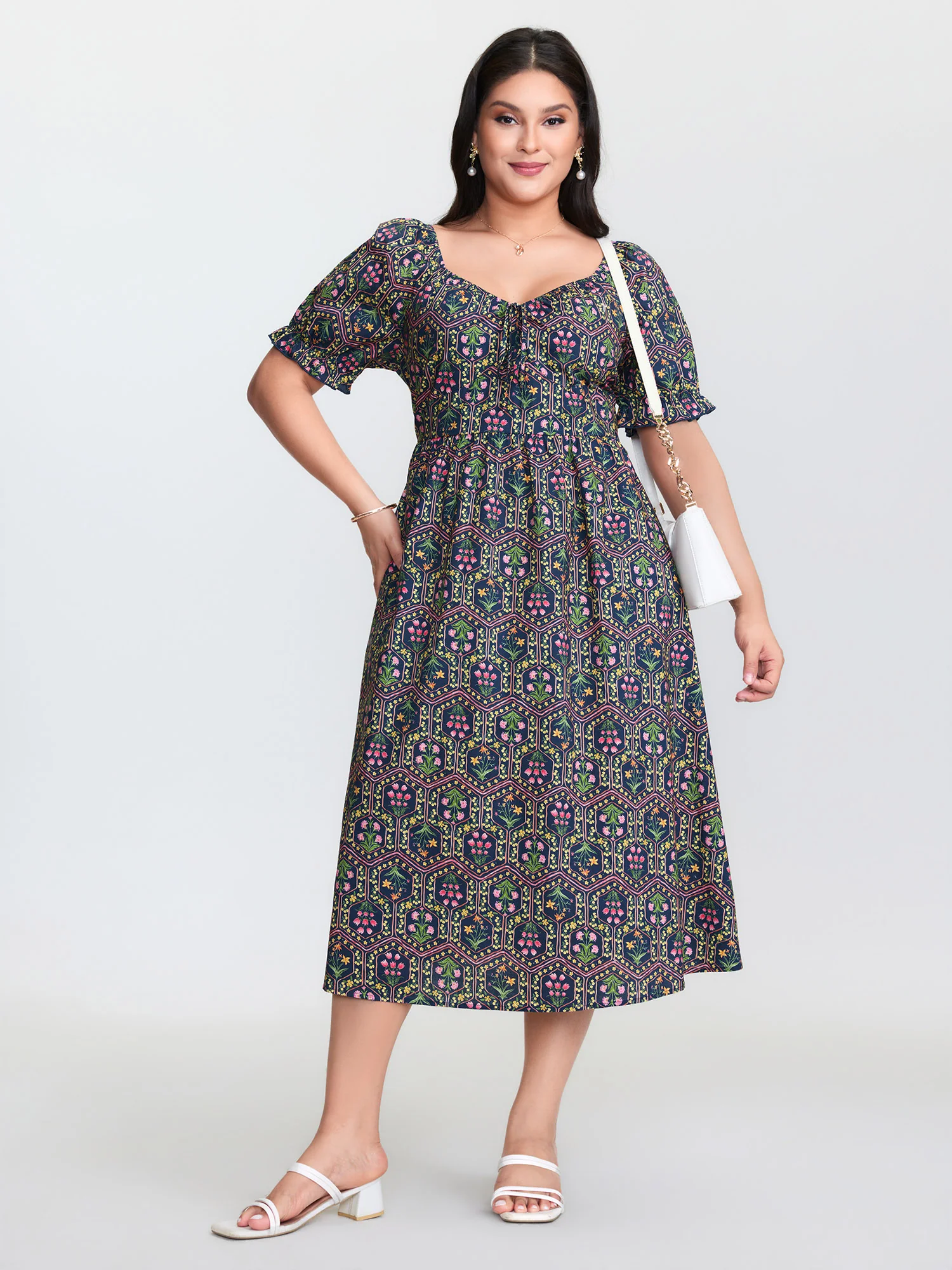 Cotton Geometric Print Shirred Waist Midi Dress - Image 4
