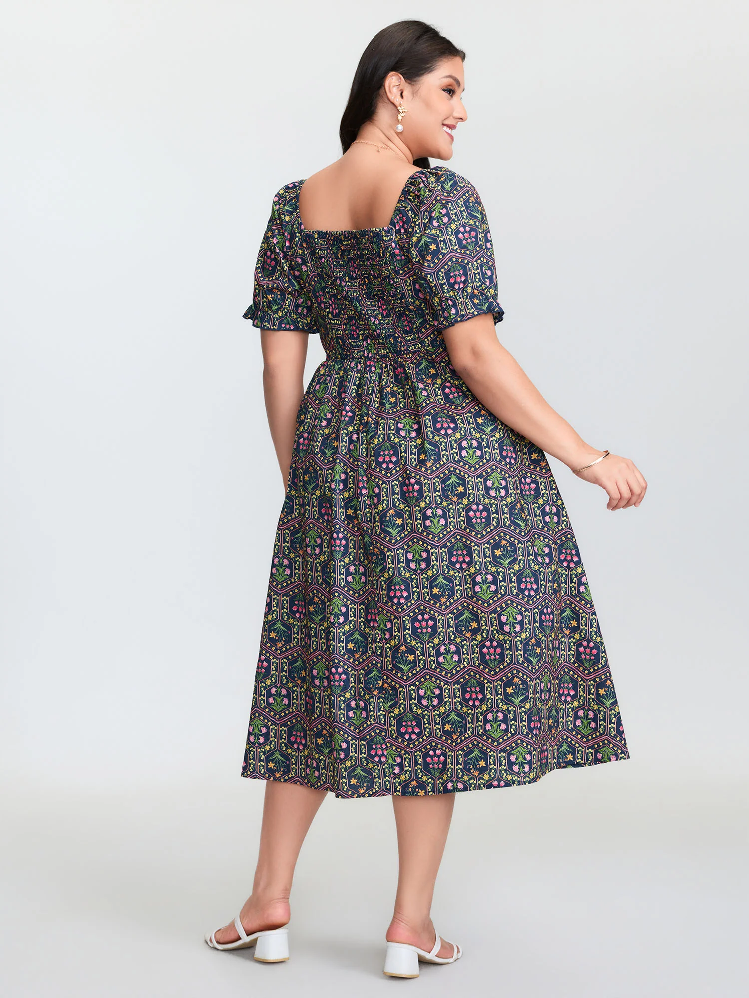 Cotton Geometric Print Shirred Waist Midi Dress - Image 5