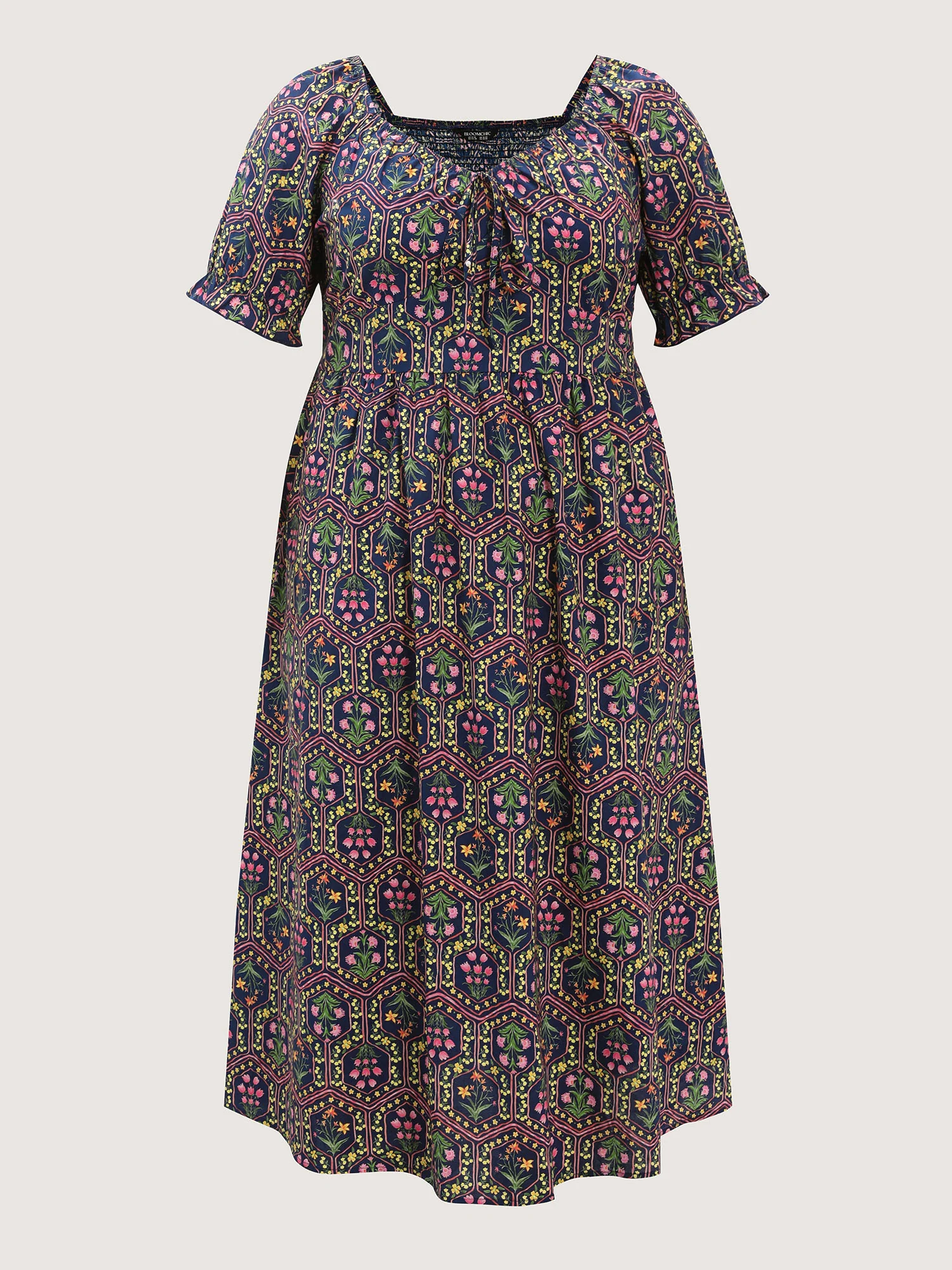 Cotton Geometric Print Shirred Waist Midi Dress - Image 8