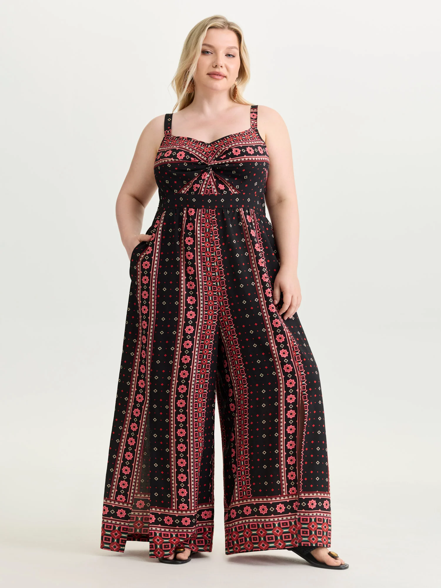Geometric Print Shirred Wide Leg Jumpsuit