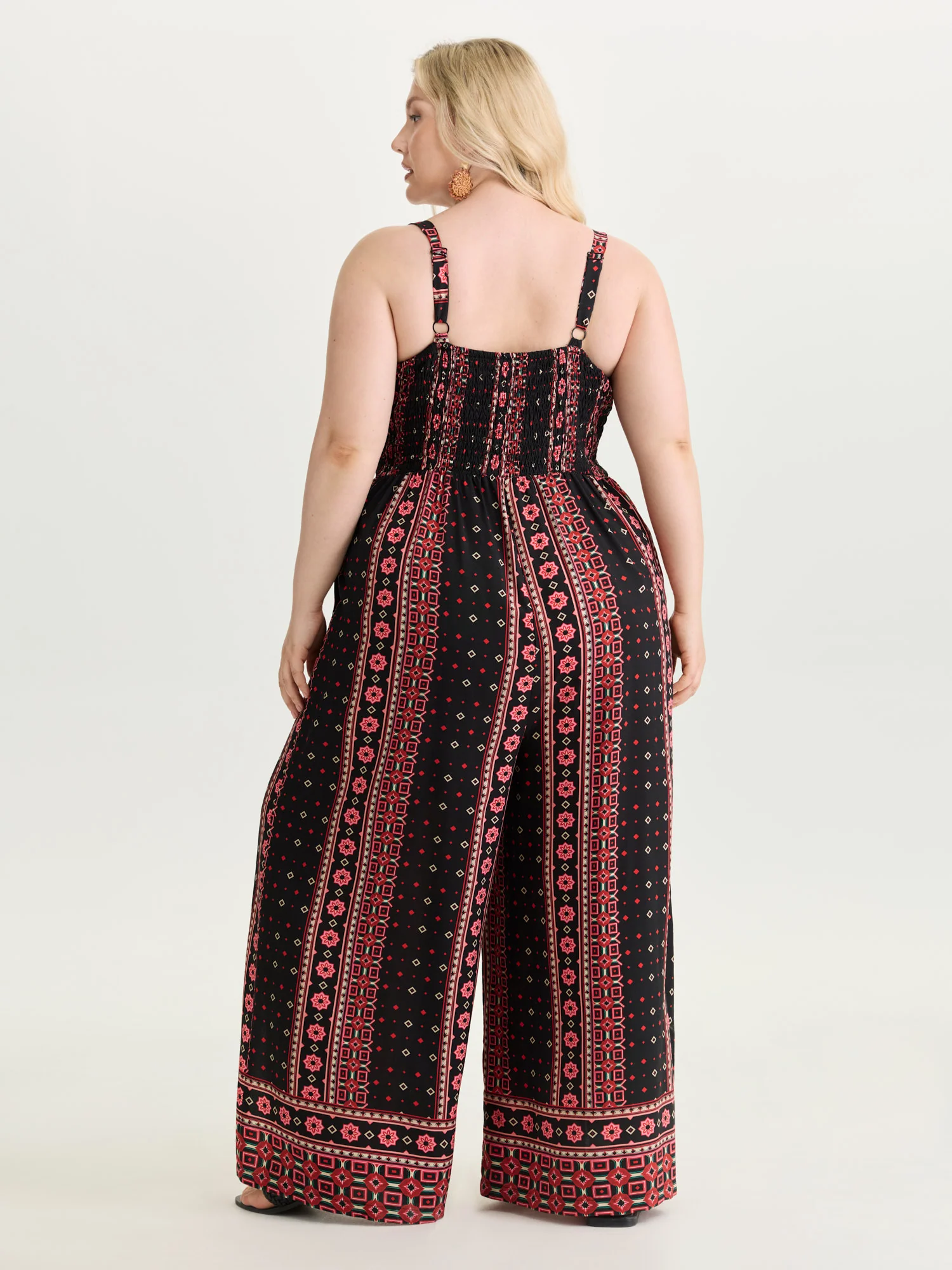 Geometric Print Shirred Wide Leg Jumpsuit - Image 5