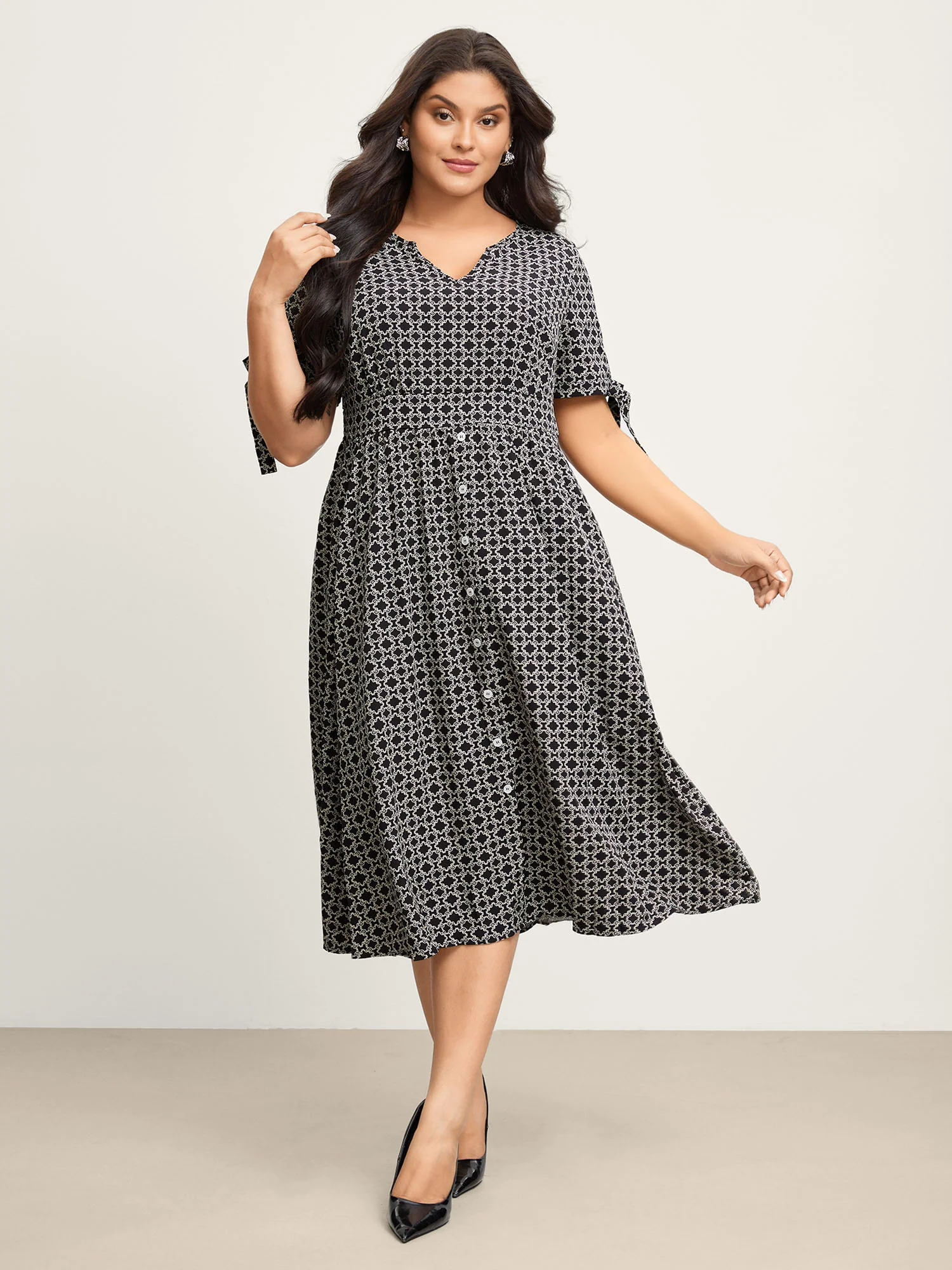 Geometric Print Sleeve Tie Midi Dress - Image 3