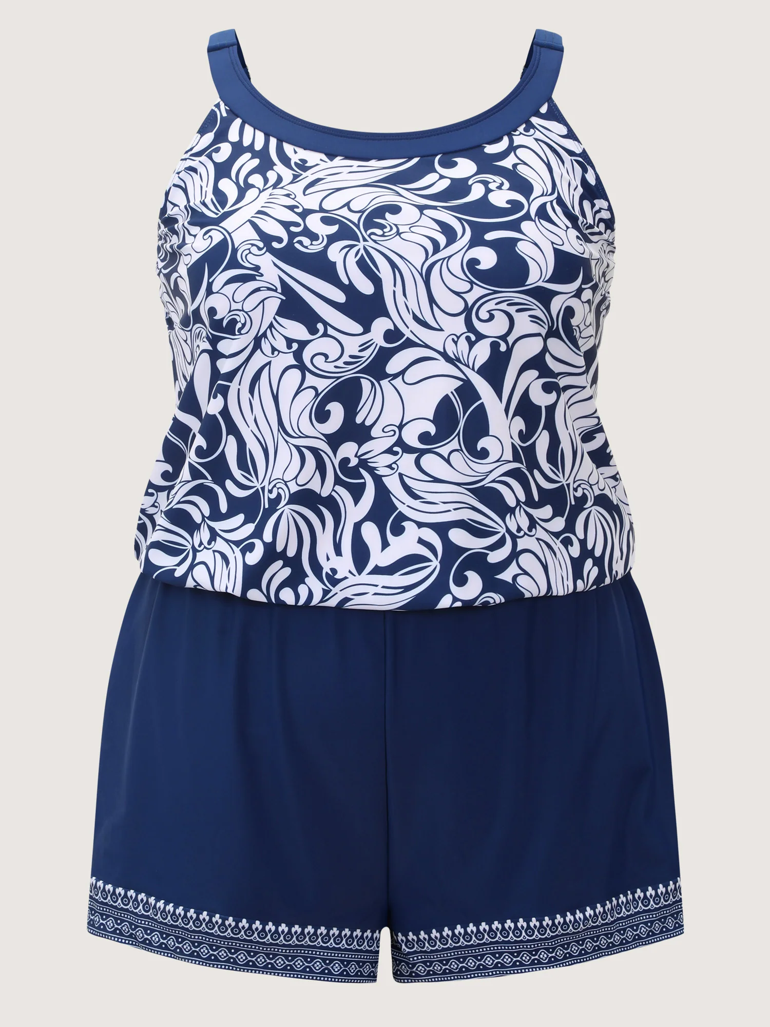 Geometric Print Spliced Pockets Swim Romper - Image 8
