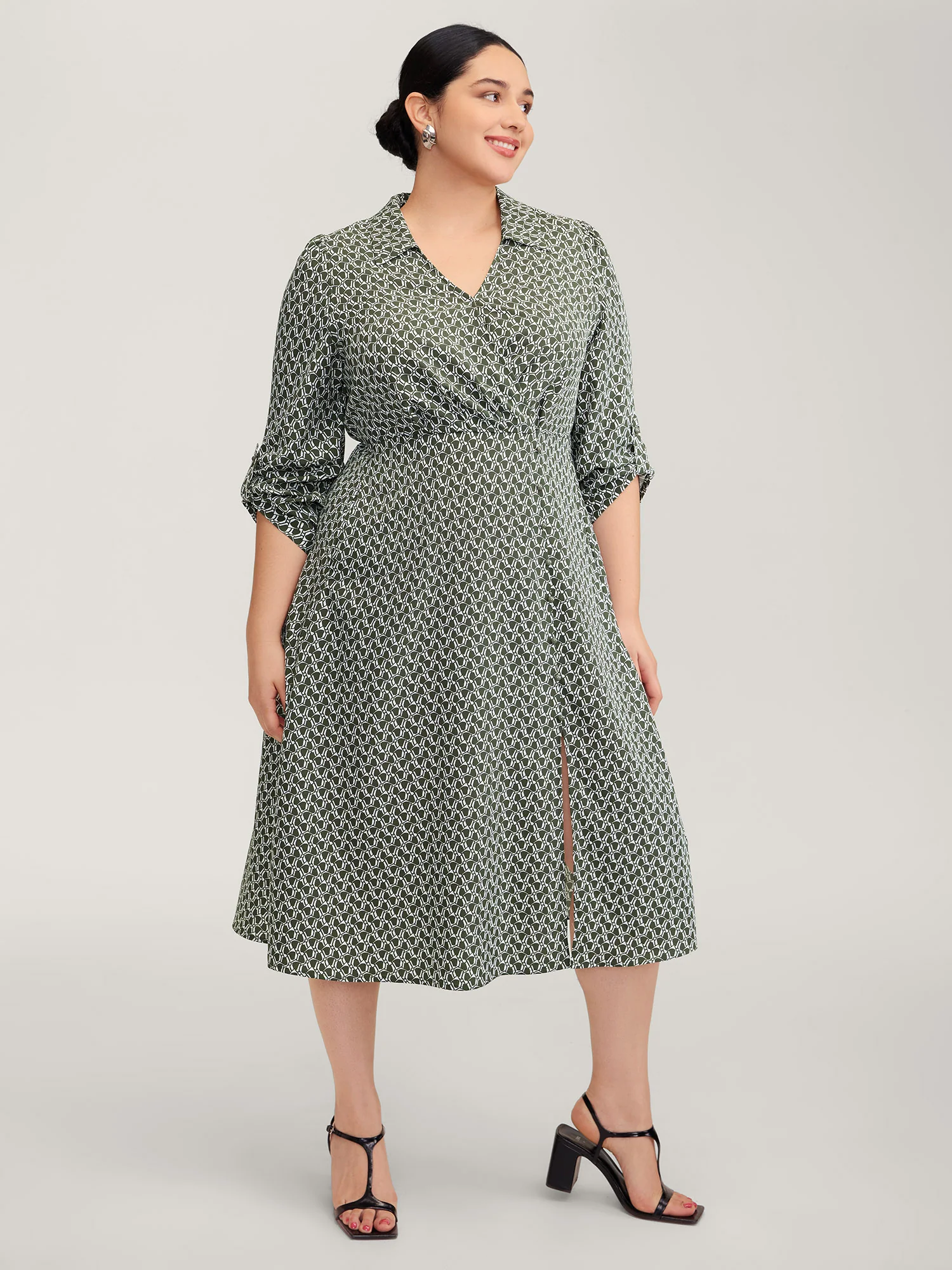 Geometric Print Split Wrap Collar Maxi Dress - Image 3