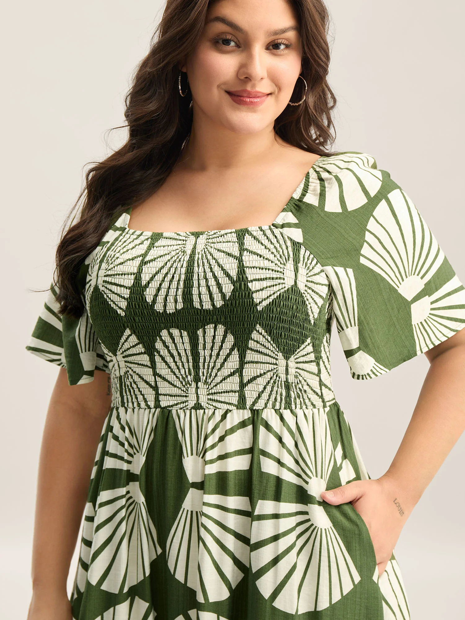 Geometric Print Square Neck Cinched Midi Dress - Image 2