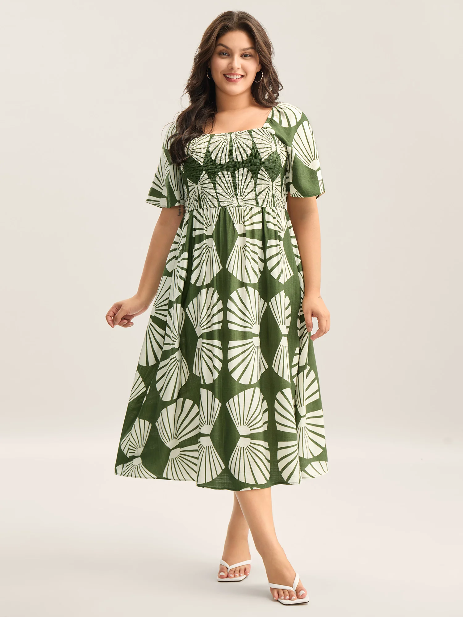 Geometric Print Square Neck Cinched Midi Dress - Image 3