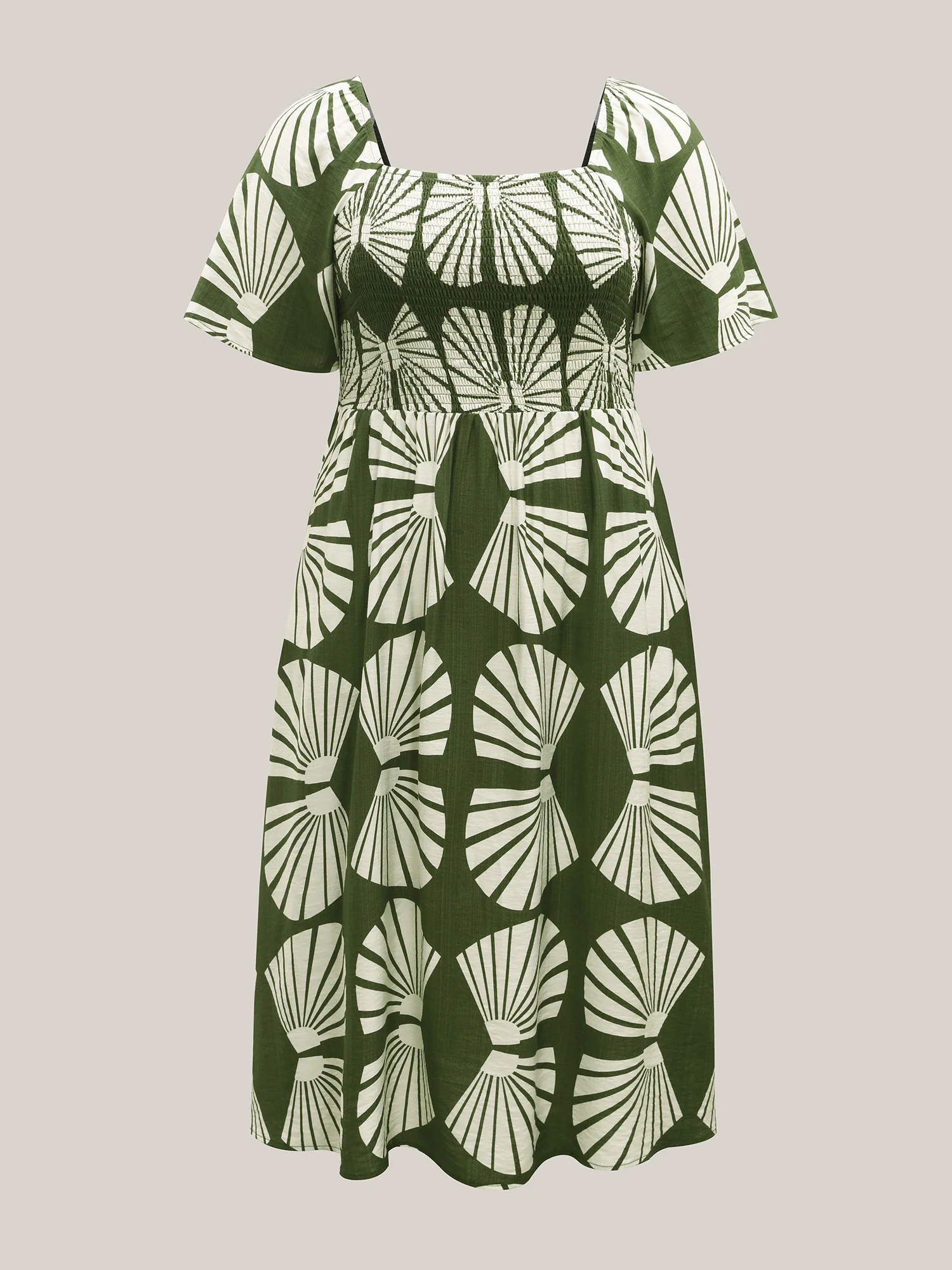 Geometric Print Square Neck Cinched Midi Dress - Image 5