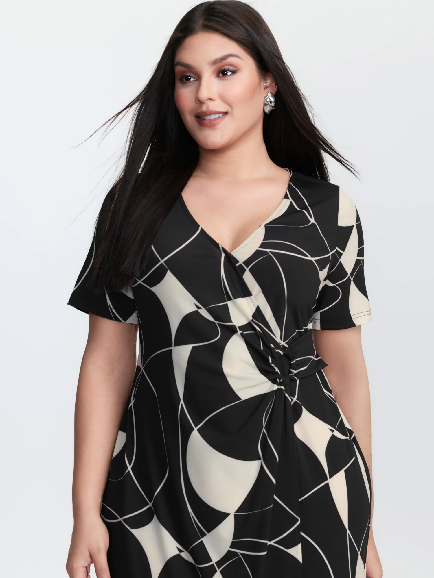 Geometric Print Stretchy Knotted Midi Dress - Image 2