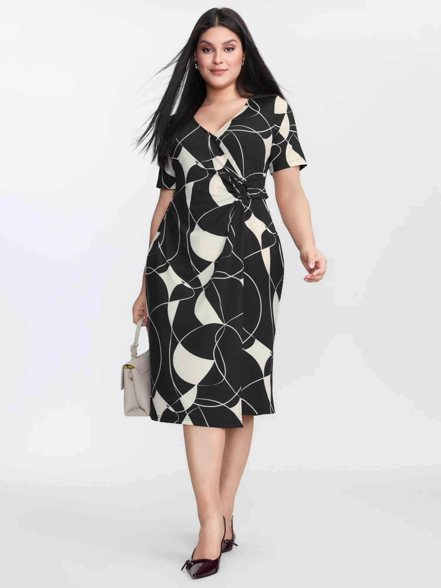 Geometric Print Stretchy Knotted Midi Dress - Image 3