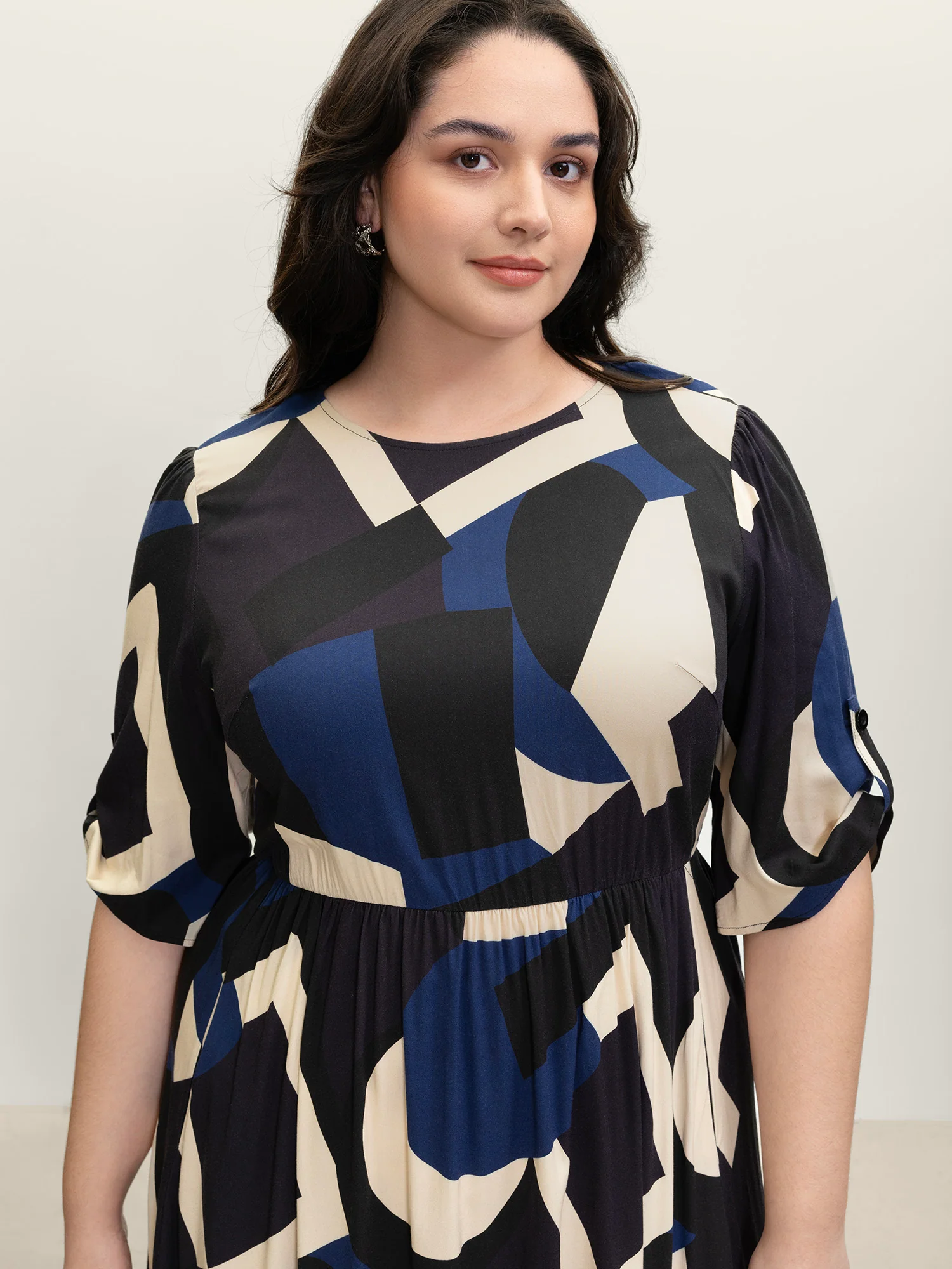 Geometric Print Stretchy Waist Cuffed Midi Dress - Image 2