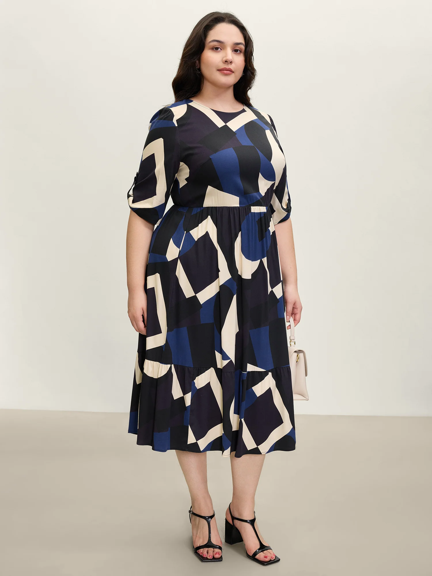 Geometric Print Stretchy Waist Cuffed Midi Dress - Image 3