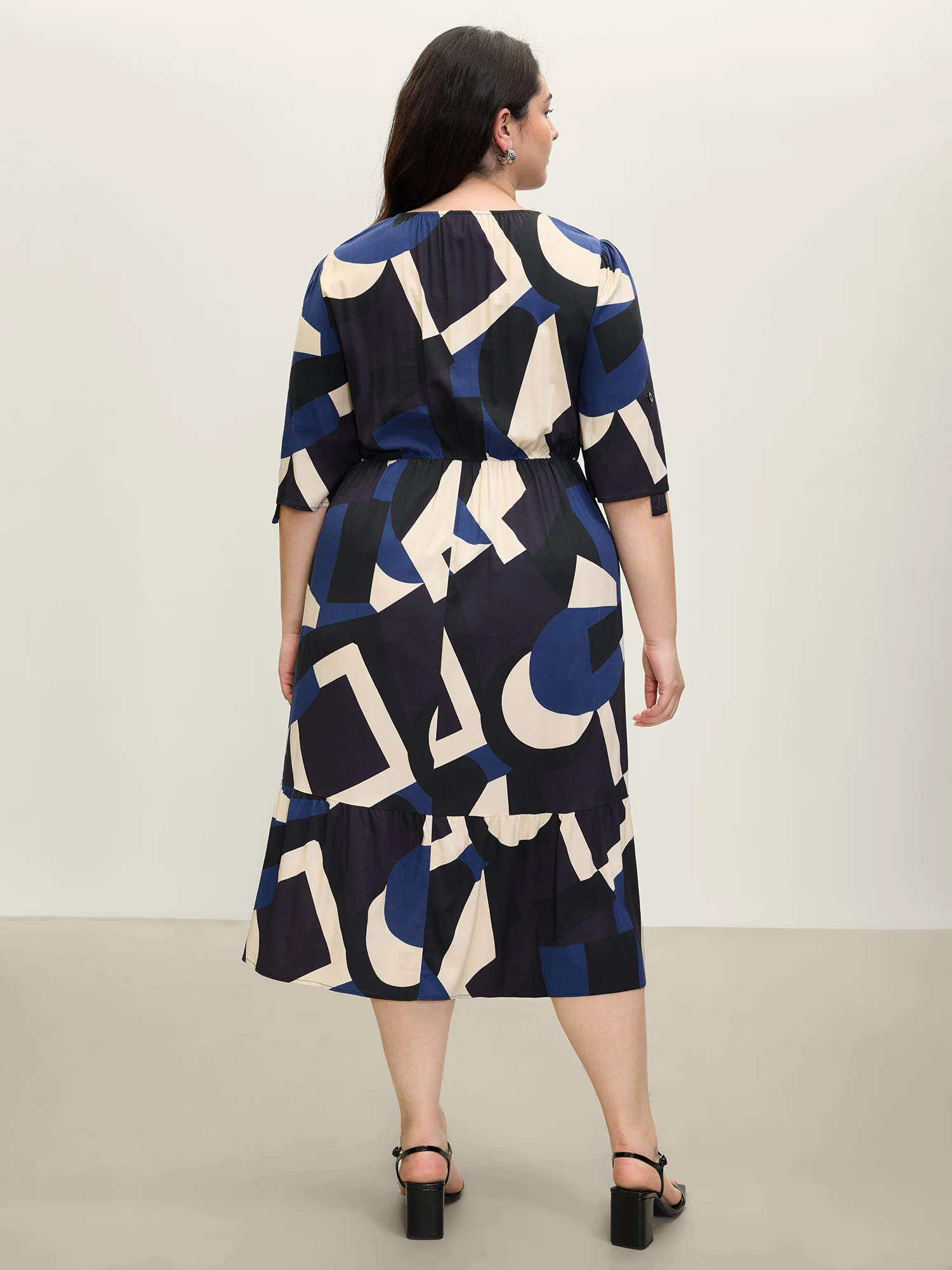 Geometric Print Stretchy Waist Cuffed Midi Dress - Image 4