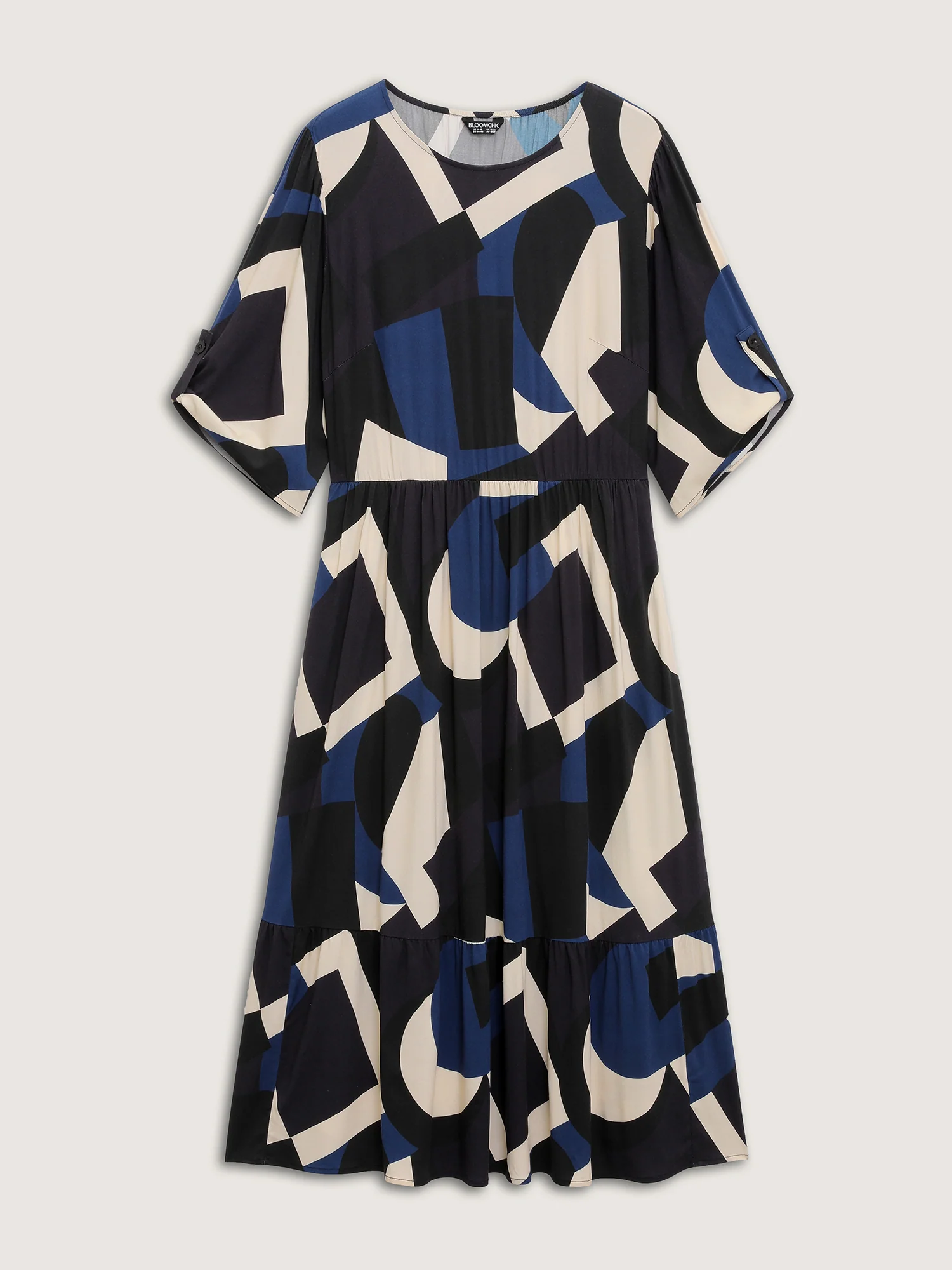 Geometric Print Stretchy Waist Cuffed Midi Dress - Image 5
