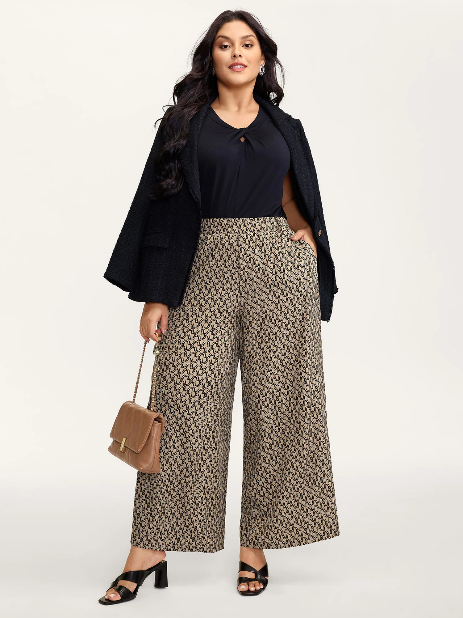 Geometric Print Stretchy Waist Wide-Leg Pants - Image 2