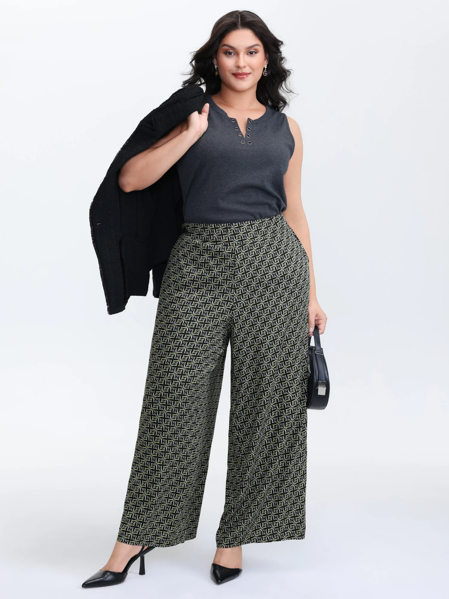 Geometric Print Stretchy Waist Wide-Leg Pants - Image 2