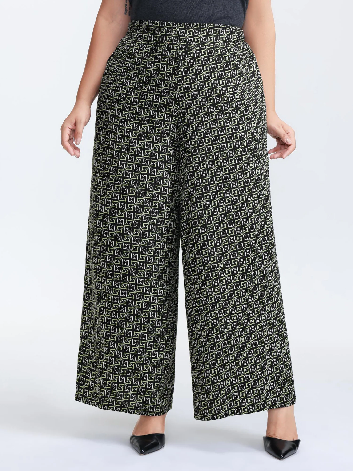 Geometric Print Stretchy Waist Wide-Leg Pants - Image 3
