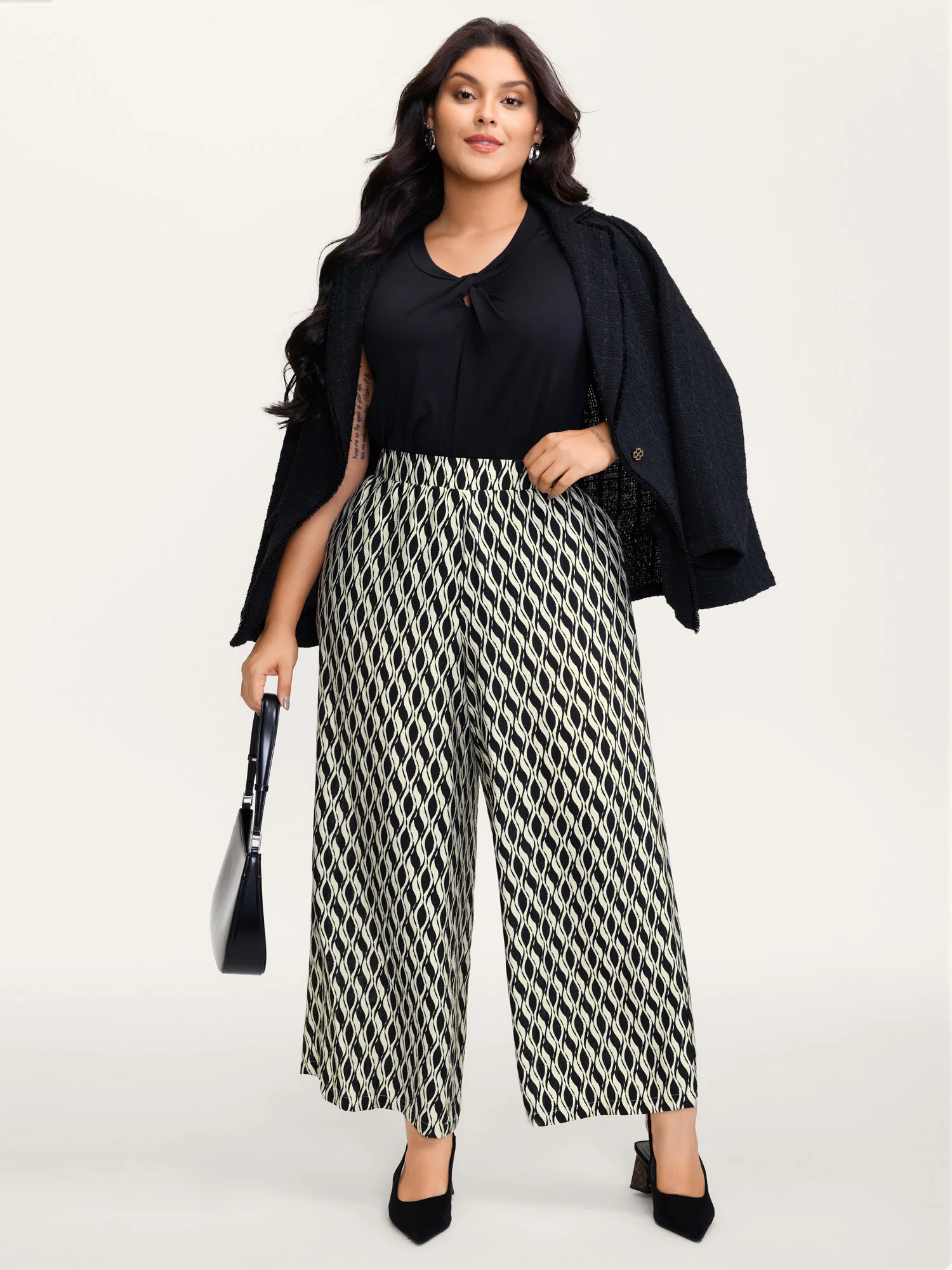 Geometric Print Stretchy Waist Wide-Leg Pants - Image 2