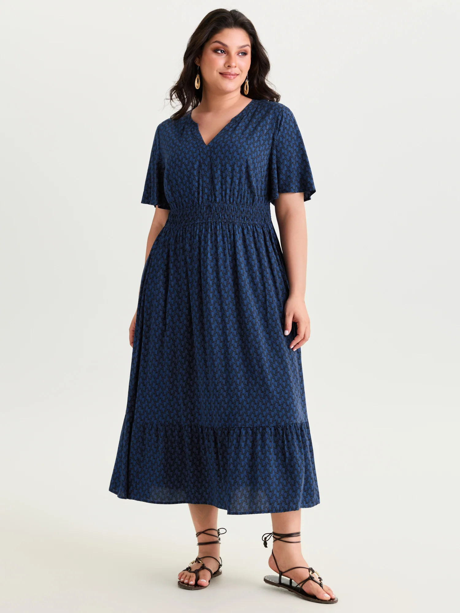 Geometric Print Waist-Cinched Tiered Midi Dress - Image 12